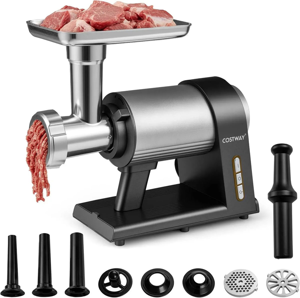 Poussoir à Saucisse, Argent, 3 en 1 Hachoir à Viande Électrique Professionnel, 2000W, 3 Tubes de Remplissage pour Saucisses