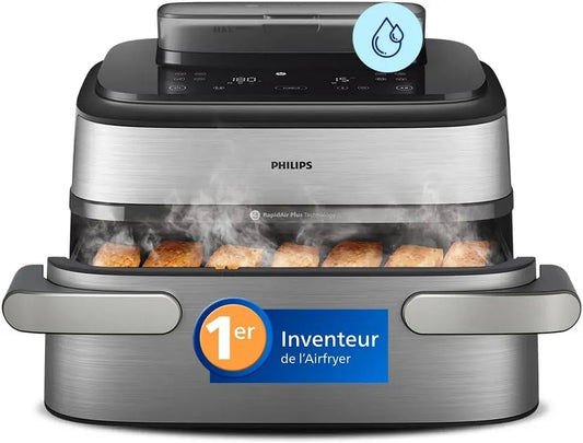 Philips 3+6L NA565/00 Friteuse à air chaud, 9.5 L, dalle IPS, vapeur, amovible, acier inoxydable, Technologie RapidAir & Steamfry, Auto SteamClean