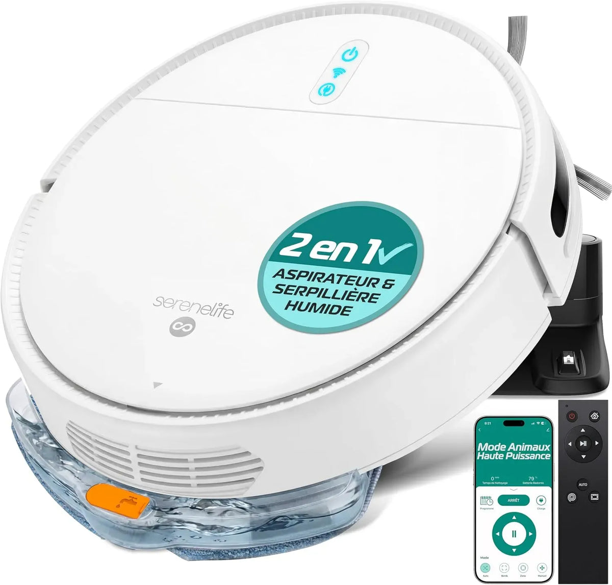 Robot aspirateur 3-in-1, blanc, 3 Modes, aspirateur robot, SereneLife Robot Aspirateur Laveur
